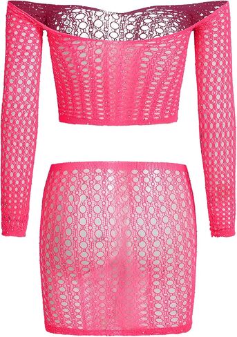 WDIRARA Women's Fishnet Off Shoulder Bralette and Mini Skirt Mesh Lingerie Set Black in Saudi Arabia
