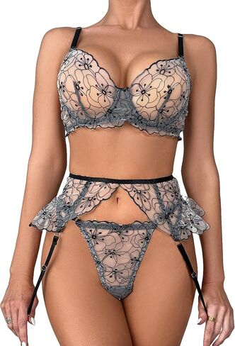 WDIRARA Women's 3 Pieces Floral Embroidery Underwire Garter Lingerie Set Bra and Panty Set in Saudi Arabia