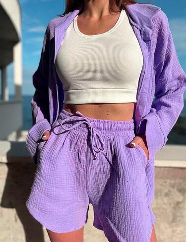 طقم كتان نسائي من Viracy بأكمام طويلة مكون من قطعتين قميص وسروال قصير بأزرار للأسفل بدلة رياضية غير رسمية لقضاء العطلات في الخريف in Kuwait