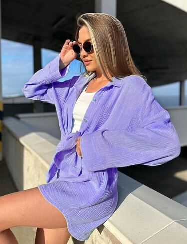 طقم كتان نسائي من Viracy بأكمام طويلة مكون من قطعتين قميص وسروال قصير بأزرار للأسفل بدلة رياضية غير رسمية لقضاء العطلات في الخريف in Kuwait