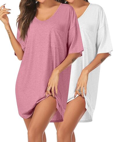 قميص نوم نسائي من Riyiper قطعتين، ملابس نوم بأكمام قصيرة، قميص نوم مريح برقبة على شكل حرف V مع جيوب، ثوب نوم فضفاض ومريح in Kuwait