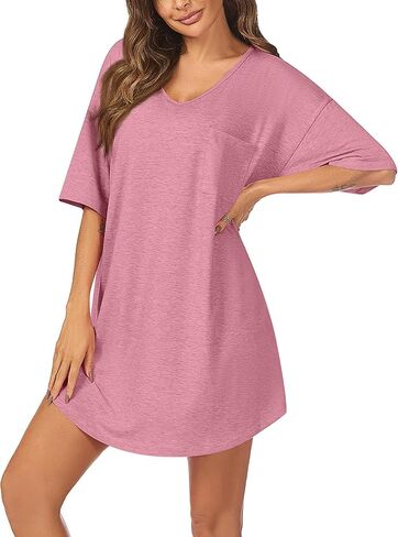 قميص نوم نسائي من Riyiper قطعتين، ملابس نوم بأكمام قصيرة، قميص نوم مريح برقبة على شكل حرف V مع جيوب، ثوب نوم فضفاض ومريح in Kuwait