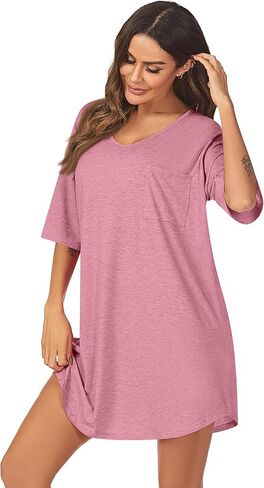 قميص نوم نسائي من Riyiper قطعتين، ملابس نوم بأكمام قصيرة، قميص نوم مريح برقبة على شكل حرف V مع جيوب، ثوب نوم فضفاض ومريح in Kuwait