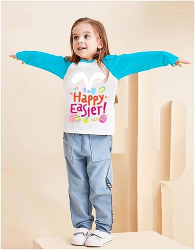 Tkria Boys Girls Easter Day Bunny Egg Hunt Shirts Raglan Long Sleeve Monster Truck Excavator Gnome Rainbow Top for Kid 2-10T in Kuwait