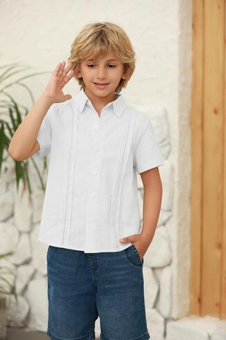 قميص Hestenve Kid Boys بأزرار سفلية من القطن والكتان قميص صيفي كاجوال بأكمام قصيرة in Saudi Arabia