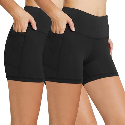 BALEAF Biker Shorts Women Yoga Gym Workout Spandex Running Volleyball Tummy Control Compression Shorts with Pockets 5" 2-Pack Black/Black L in Saudi Arabia