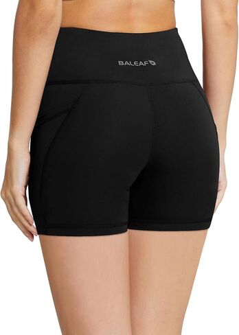 BALEAF Biker Shorts Women Yoga Gym Workout Spandex Running Volleyball Tummy Control Compression Shorts with Pockets 5" 2-Pack Black/Black L in Saudi Arabia