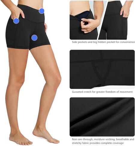 BALEAF Biker Shorts Women Yoga Gym Workout Spandex Running Volleyball Tummy Control Compression Shorts with Pockets 5" 2-Pack Black/Black L in Saudi Arabia