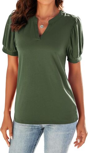 Neineiwu Women Dressy Casual V-Neck T-Shirts Loose Puff Short-Sleeve Tops Tunic Blouse in Saudi Arabia