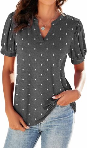 Neineiwu Women Dressy Casual V-Neck T-Shirts Loose Puff Short-Sleeve Tops Tunic Blouse in Saudi Arabia
