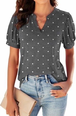 Neineiwu Women Dressy Casual V-Neck T-Shirts Loose Puff Short-Sleeve Tops Tunic Blouse in Saudi Arabia