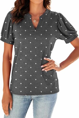 Neineiwu Women Dressy Casual V-Neck T-Shirts Loose Puff Short-Sleeve Tops Tunic Blouse in Saudi Arabia