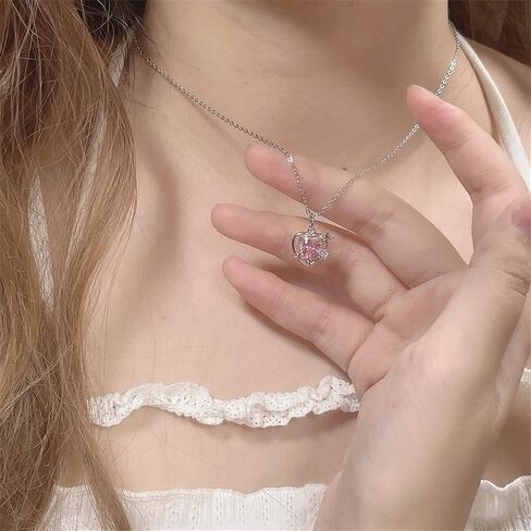 Pink Heart Necklace for Women Little Girls Dainty Cute Y2k Silver Clear Crystal Heart with Arrow Pendant Choker Necklace Aesthetic Jewelry Gifts in Saudi Arabia
