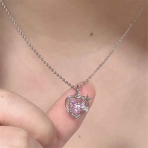 Pink Heart Necklace for Women Little Girls Dainty Cute Y2k Silver Clear Crystal Heart with Arrow Pendant Choker Necklace Aesthetic Jewelry Gifts in Saudi Arabia