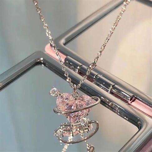 Pink Heart Necklace for Women Little Girls Dainty Cute Y2k Silver Clear Crystal Heart with Arrow Pendant Choker Necklace Aesthetic Jewelry Gifts in Saudi Arabia