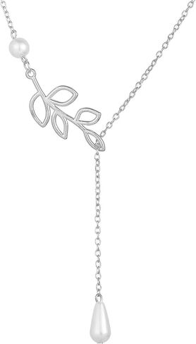 Kercisbeauty Simple Freshwater Pearl Leaves Pendant Silver Thin Chain Y Necklace for Women and Girls,Handmade Unique Necklace,Gift for her,Party,Daily Life,Anniversary,Birthday,Valentine's Day in Kuwait