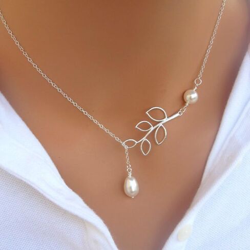 Kercisbeauty Simple Freshwater Pearl Leaves Pendant Silver Thin Chain Y Necklace for Women and Girls,Handmade Unique Necklace,Gift for her,Party,Daily Life,Anniversary,Birthday,Valentine's Day in Kuwait
