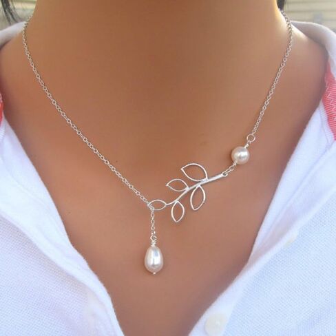 Kercisbeauty Simple Freshwater Pearl Leaves Pendant Silver Thin Chain Y Necklace for Women and Girls,Handmade Unique Necklace,Gift for her,Party,Daily Life,Anniversary,Birthday,Valentine's Day in Kuwait