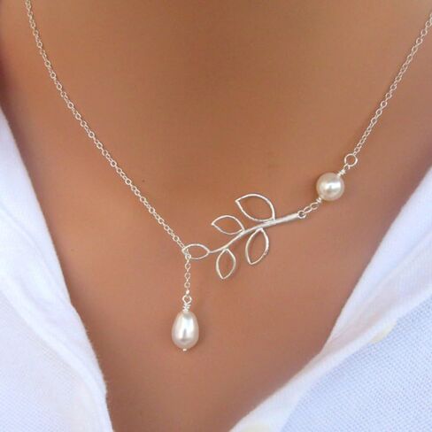 Kercisbeauty Simple Freshwater Pearl Leaves Pendant Silver Thin Chain Y Necklace for Women and Girls,Handmade Unique Necklace,Gift for her,Party,Daily Life,Anniversary,Birthday,Valentine's Day in Kuwait