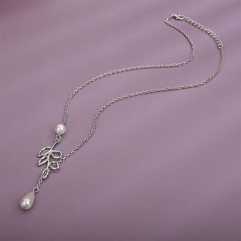 Kercisbeauty Simple Freshwater Pearl Leaves Pendant Silver Thin Chain Y Necklace for Women and Girls,Handmade Unique Necklace,Gift for her,Party,Daily Life,Anniversary,Birthday,Valentine's Day in Kuwait