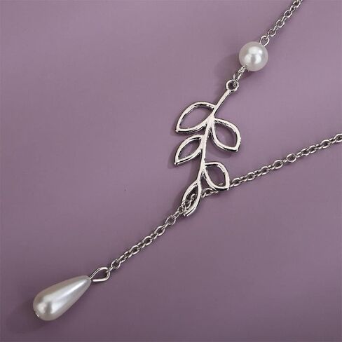 Kercisbeauty Simple Freshwater Pearl Leaves Pendant Silver Thin Chain Y Necklace for Women and Girls,Handmade Unique Necklace,Gift for her,Party,Daily Life,Anniversary,Birthday,Valentine's Day in Kuwait