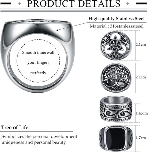 JeryWe 4 قطع خواتم Signet للرجال والنساء من الفولاذ المقاوم للصدأ خواتم راكبي الدراجات النارية العتيقة الفضية Pinky Thumb Band Ring مجموعة حلقات عقدة سلتيك حلقات عقيق سوداء مقاس 7-13 in Kuwait