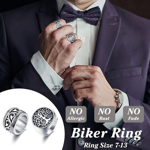 JeryWe 4 قطع خواتم Signet للرجال والنساء من الفولاذ المقاوم للصدأ خواتم راكبي الدراجات النارية العتيقة الفضية Pinky Thumb Band Ring مجموعة حلقات عقدة سلتيك حلقات عقيق سوداء مقاس 7-13 in Kuwait