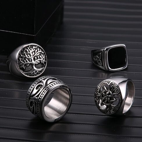 JeryWe 4 قطع خواتم Signet للرجال والنساء من الفولاذ المقاوم للصدأ خواتم راكبي الدراجات النارية العتيقة الفضية Pinky Thumb Band Ring مجموعة حلقات عقدة سلتيك حلقات عقيق سوداء مقاس 7-13 in Kuwait