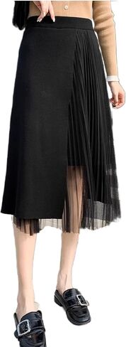 تنورة Kisidoo النسائية ذات الخصر العالي المرنة ذات الثنيات الطويلة غير المتماثلة متوسطة الطول على شكل حرف A من التول المتماسكة in Kuwait