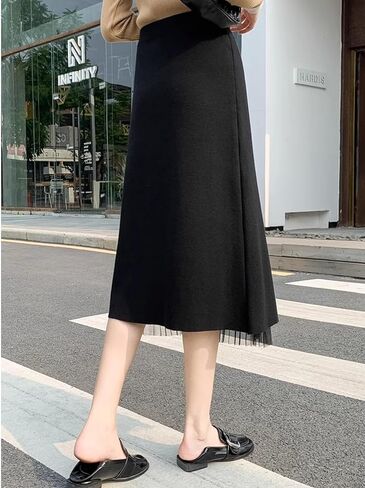 تنورة Kisidoo النسائية ذات الخصر العالي المرنة ذات الثنيات الطويلة غير المتماثلة متوسطة الطول على شكل حرف A من التول المتماسكة in Kuwait