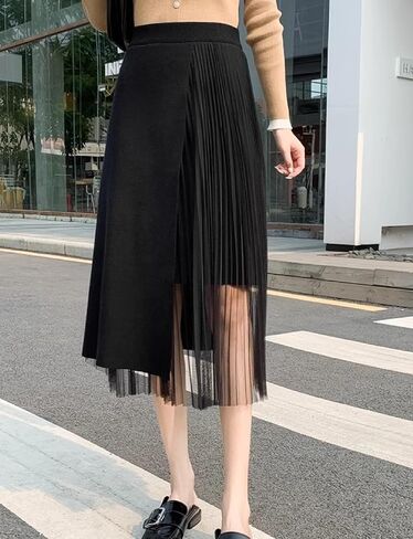 تنورة Kisidoo النسائية ذات الخصر العالي المرنة ذات الثنيات الطويلة غير المتماثلة متوسطة الطول على شكل حرف A من التول المتماسكة in Kuwait