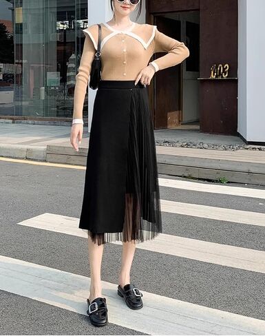 تنورة Kisidoo النسائية ذات الخصر العالي المرنة ذات الثنيات الطويلة غير المتماثلة متوسطة الطول على شكل حرف A من التول المتماسكة in Kuwait