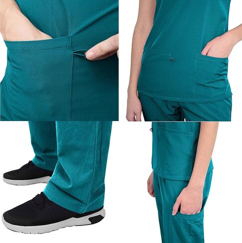 Green Town Scrubs for Women Scrub Set - V-Neck Top and Straight Leg Pant, 5 Pockets, Easy Care, Solids and Prints Uniforms -Teal-XX-Large Petite in Saudi Arabia