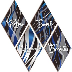 4 Pieces Farmhouse Bathroom Wall Decor Relax Soak Unwind Breathe Wall Art Gray Blue Black Stripes Wood Hanging Sign Wooden Wall Decoration Vintage Wood Plaque for Home Spa Room Laundry