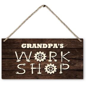 Rustic Grandpa's Workshop Wood Plaque Sign Hanging Door Wall Decor,Funny Garage Decor Signs,Birthday Father's Day Gifts for Grandpa,Man Cave Decor,12x6 Inches Home Décor Accents Wall Pediments