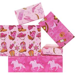 Western Wrapping Paper Cowgirl Boots Horseshoe Bull Cactus Wild West-theme Pink Gift Wrap Paper, 8 Pieces Folded Flat Art Paper for Girls Cowboy Birthday Wedding Baby Shower DIY Crafts Gift Packing