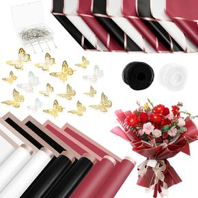 Faswyong 222Pcs Flower Wrapping Paper Set, 60 sheet Waterproof Floral Bouquet Wrapping Paper, 60 3D Gold Butterfly Decorations, 100 Flower Pins, 2 Ribbons for Flower Shops Wedding Baby Shower Party