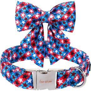 Patriotic Dog Collar with Bow, Unique Style Paws 4th of July Dog Collar, Independence Day Collar Adjustable American Flag Pet Collar for Small,Large Boy Girl Dogs