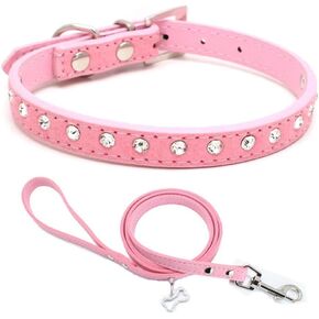 Puppy Collar and Leash with Bling Diamond, Pretty Crystal Sparkly Rhinestone Glitter Jewel Girls Cat Collars for XXS Xs Small Medium Pet Female Dogs Boys Kitten, Pink XXSmall