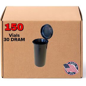 150 Black Vials - 30 DRAM Pop Top Bottle - Airtight Containers - BPA Free Medical Grade Plastic Prescription Bottles for Pills Herbs Flowers Supplements, Wholesale Bulk Pack