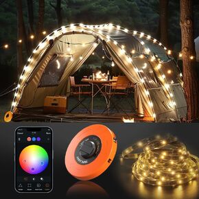 Felicia Camping Lights String，Tape Lights RGB with 100 Modes Music Sync Color Changing APP Control Waterproof 13/26 FT,Led Camping Lantern Rechargeable for Emergency Yard Camping Decoration (26 Ft)