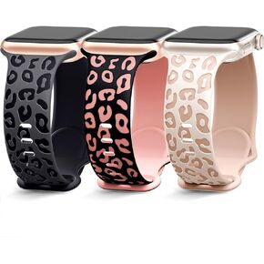 3 Pack Engraved Leopard Bands Compatible with Apple Watch Band 40mm 41mm 38mm 45mm 44mm 42mm 49mm for Women Men,Cheetah Cute Sport Silicone Strap for iWatch Series 9 Ultra/Ultra 2 SE 8 7 6 5 4 3 2 1