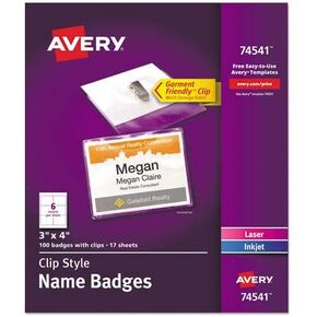 AVERY Clip-Style Name Badge Holders w/Inserts, Top Load, 3 x 4, White, 100/Box