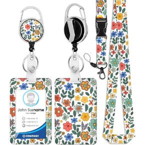 Plifal ID Badge Holder with Lanyard and Retractable Badge Reel Clip, Cute Summer Flowers Name Tag Lanyard Vertical ID Protector Bage Clips for Nurse Nursing Doctor Teacher Student Women
