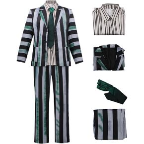 Betelgeuse Costume Men's Black and White Striped Suit Halloween Adult Shirt Blazer Pants with Tie