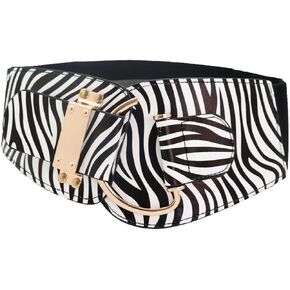 Women Fashion Belt Faux Leather Waistband Gold Hook Buckle L XL Black Zebra Animal Print