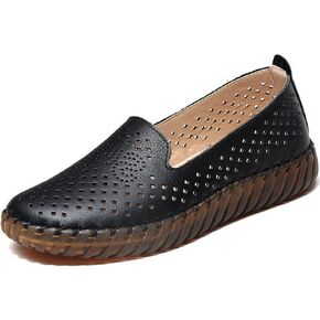 Women's Handmade Leather Casual Beef Tendon Soft Sole Loafers Comfortable Round Toe Breathable Oxford Arch Support Walking Shoes