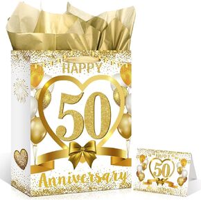 White Gold Happy 50th Anniversary Paper Gift Bag with Tissue Papers and Card, Gold 50th Anniversary Party Gift Wrapping Bag Treat Bag for 50th Anniversary Golden Wedding Anniversary Decorations