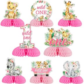 Safari 1st Birthday Decorations Girl, Wild One Honeycomb Centerpieces for Table, Double-Sided Printing Pink Jungle Safari Animal Honeycomb Centerpieces for Girl 1st Birthday Decorations