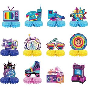 12 pcs 80s Party Decorations 90s Theme Honeycomb Centerpieces 80's Table Decorations for Retro Hip Hop Disco 1980s/1990s Nostalgic Party